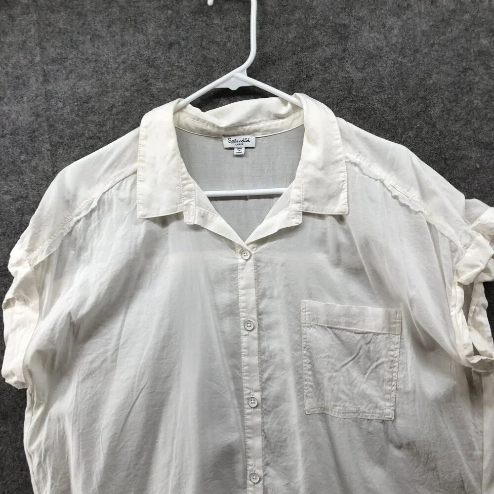 Splendid Short Sleeve Paige Shirt Womens L White Button Up Lightweight Raw Edge - Picture 3 of 10